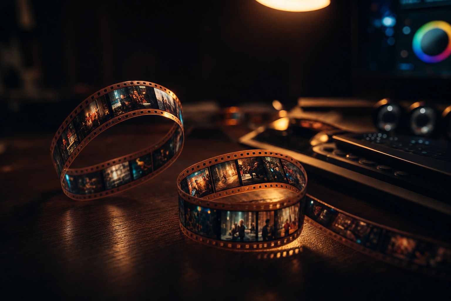 A strip of 35mm film glowing on an editing desk